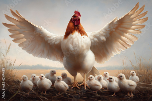 Mother hen protects her fluffy chicks under a serene morning sky in a tranquil countryside setting. Generative AI