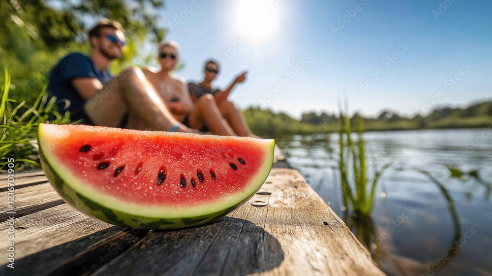 Three young adults relax by a shimmering lake, sharing laughter and watermelon slices under the bright sun. They engage in lively conversation, immersed in nature's beauty Three young adults relax by a shimmering lake, sharing laughter and watermelon slices under the bright sun. They engage in lively conversation, immersed in nature's beauty
