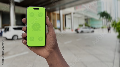 Canvastavla GREEN SCREEN CHROMA KEY Smartphone with a green screen held in a hand near a hot
