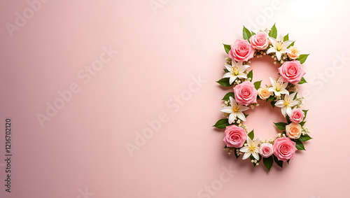 Elegant floral arrangement of roses, lilies, and carnations shaped as number 8 for March 8