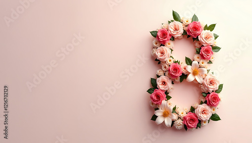 Elegant floral arrangement of roses, lilies, and carnations shaped as number 8 for March 8