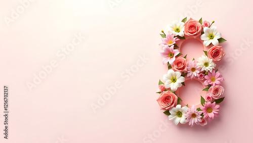 Elegant floral arrangement of roses, lilies, and carnations shaped as number 8 for March 8