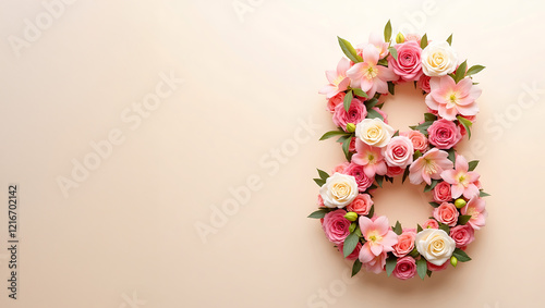 Elegant floral arrangement of roses, lilies, and carnations shaped as number 8 for March 8