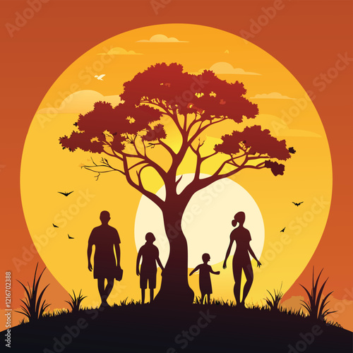 Happy family silhouette on the sunset wallpaper background