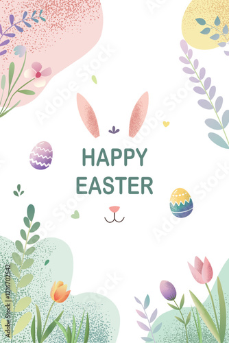 Happy Easter frame. Trendy Easter design with bunny ears in pastel colors and text. Poster, greeting card, banner.
