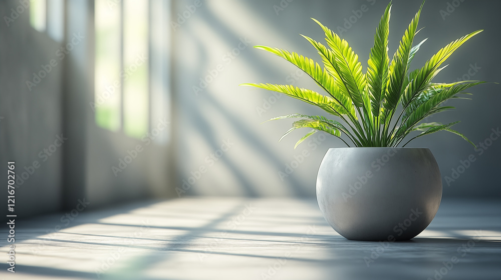 Fototapeta premium Green plant in white pot on wooden floor with sunlight from window.