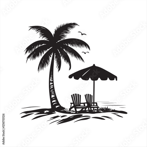 Relaxing Beach with Palm Trees and Lounge Chairs isolated Vector Silhouette on White Background
