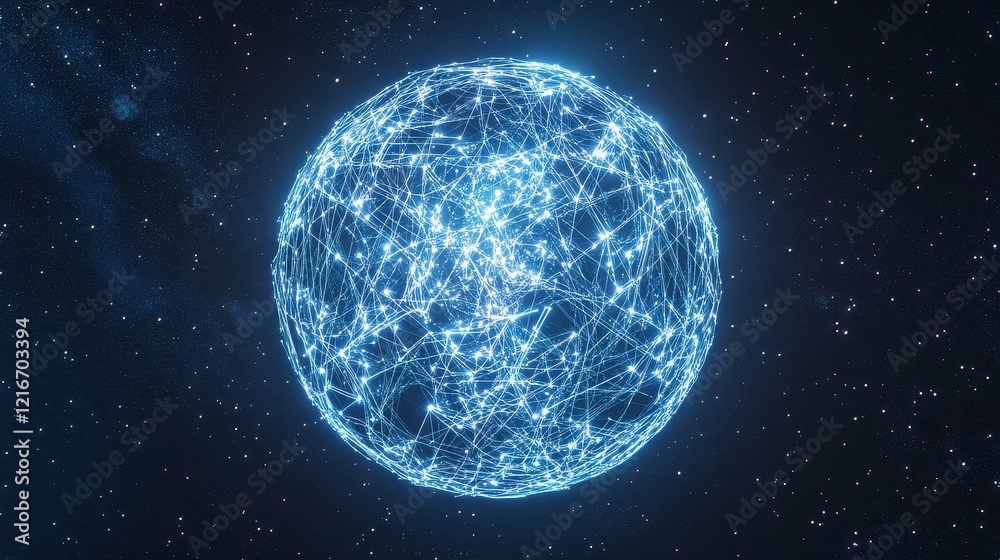 Obraz premium A glowing globe of interconnected neon lines, representing digital networks, set against a starry space background; 3D illustration, futuristic, blue and silver hues, high detai