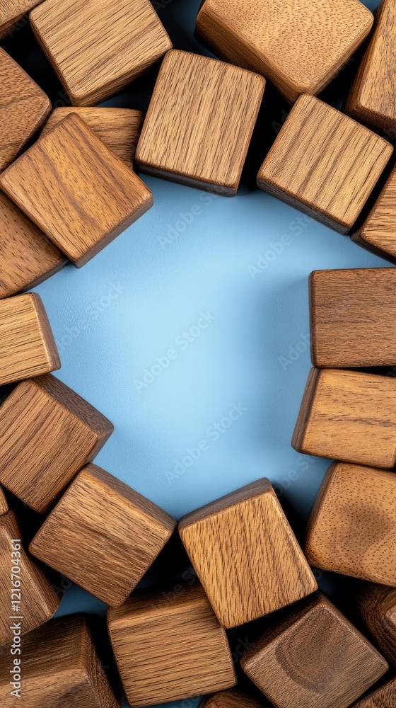 Wooden cubes featuring checkmarks are arranged on a flat blue surface, allowing ample space for additional text or information Wooden cubes featuring checkmarks are arranged on a flat blue surface, allowing ample space for additional text or information