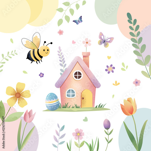 Childlike spring frame in pastel colors. Cute spring elements in watercolor style. Spring holidays, Easter.