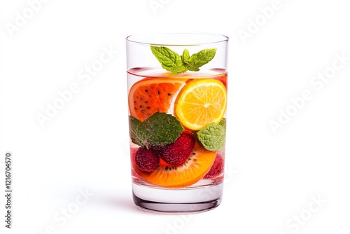 Refreshing infused water with vibrant fruits and mint leaves in a clear glass on a white background, perfect for a healthy drink concept. photo