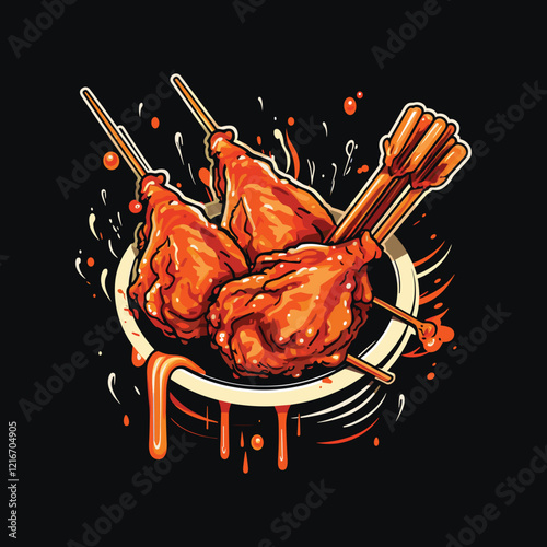 Chicken skewers with slices of sweet peppers and dill on a plate vector illustration doodle vector