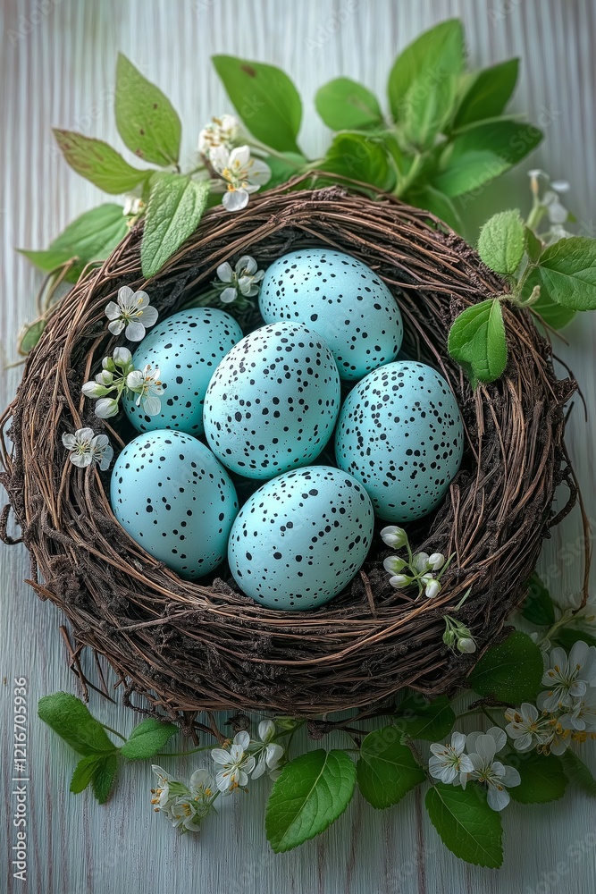 Fototapeta premium Speckled blue eggs in a twig nest surrounded by green leaves and delicate white blossoms on wood
