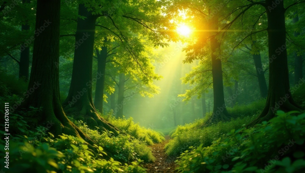 Fototapeta premium Dense foliage and sunlight filtering through the canopy, surroundings, trees