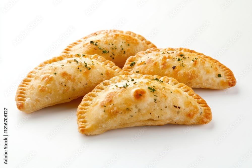 Delicious pierogi served on clean white background with golden crust and garnished herbs creating an appetizing visual delight Delicious pierogi served on clean white background with golden crust and garnished herbs creating an appetizing visual delight