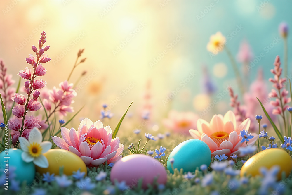A vibrant Easter scene with colorful eggs nestled among blooming flowers, bathed in soft, warm sunlight. A vibrant Easter scene with colorful eggs nestled among blooming flowers, bathed in soft, warm sunlight.