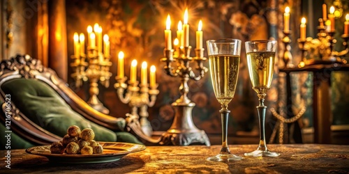 A glass of golden champagne resting on a luxurious velvet tablecloth amidst a richly decorated background with candelabras and fine art pieces, refinement , luxury photo