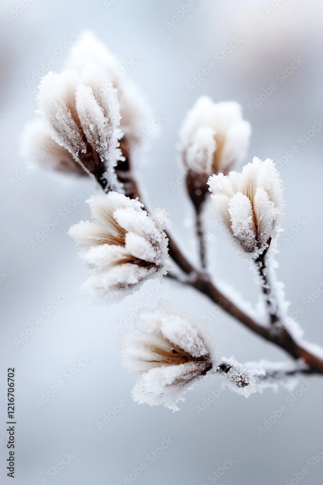 A close-up of frosty flower buds covered in delicate snow, with soft white and gray tones, creating a serene winter composition A close-up of frosty flower buds covered in delicate snow, with soft white and gray tones, creating a serene winter composition