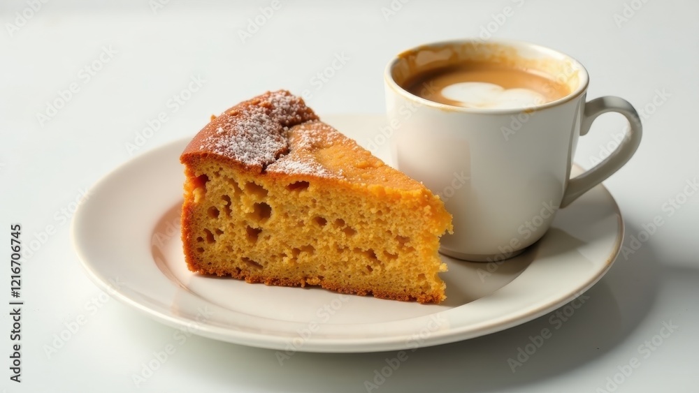 A delightful slice of sweet, golden-brown cake, dusted with powdered sugar, served alongside a steaming cup of creamy coffee, perfect for a cozy afternoon treat. A delightful slice of sweet, golden-brown cake, dusted with powdered sugar, served alongside a steaming cup of creamy coffee, perfect for a cozy afternoon treat.