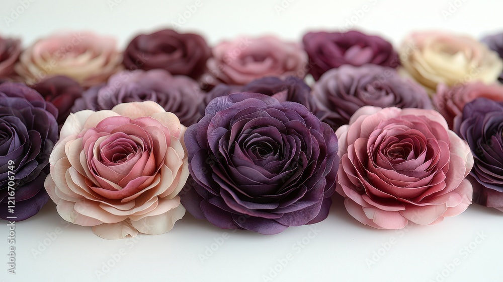 Close-up of multiple artificial roses in varying shades of pink and purple arranged in a row on a white background. Close-up of multiple artificial roses in varying shades of pink and purple arranged in a row on a white background.