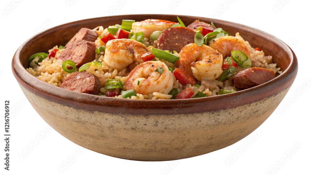 Jambalaya rice food on bowl, isolated white background Jambalaya rice food on bowl, isolated white background