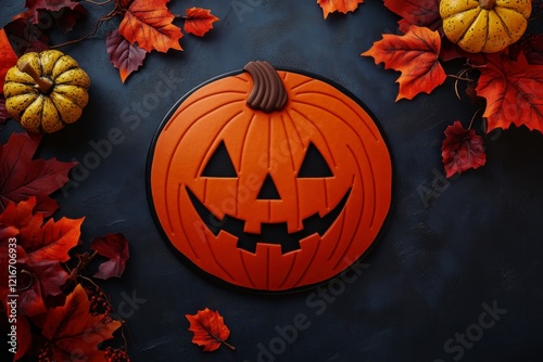 Festive Halloween Pumpkin Decoration on Dark Background with Leaves photo