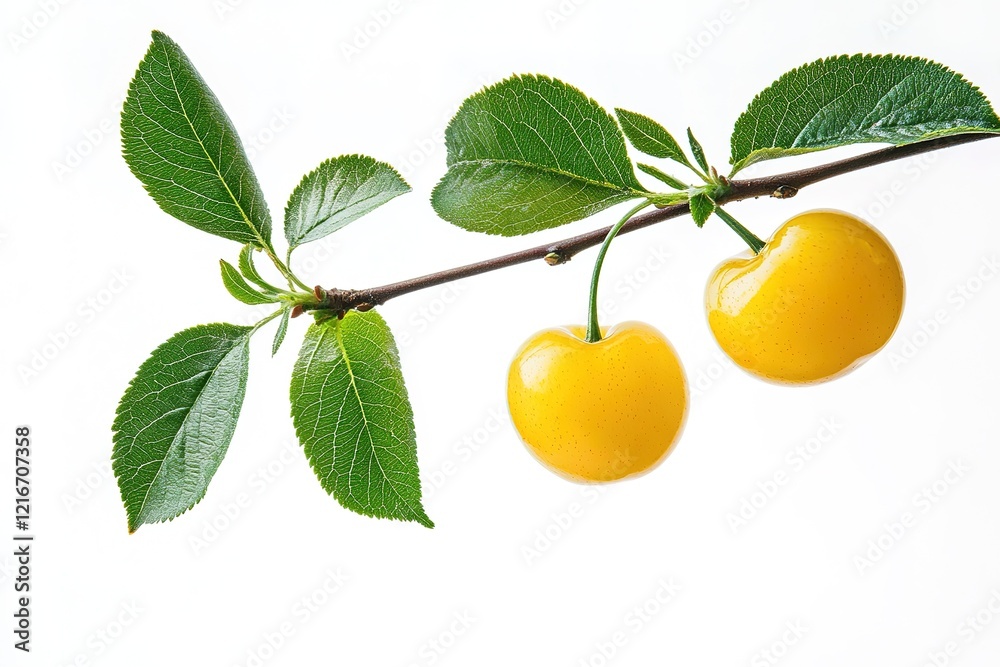 Sweet Summertime: Two Ripe Yellow Cherries on a Branch with Lush Green Leaves, Vibrant and Fresh Sweet Summertime: Two Ripe Yellow Cherries on a Branch with Lush Green Leaves, Vibrant and Fresh