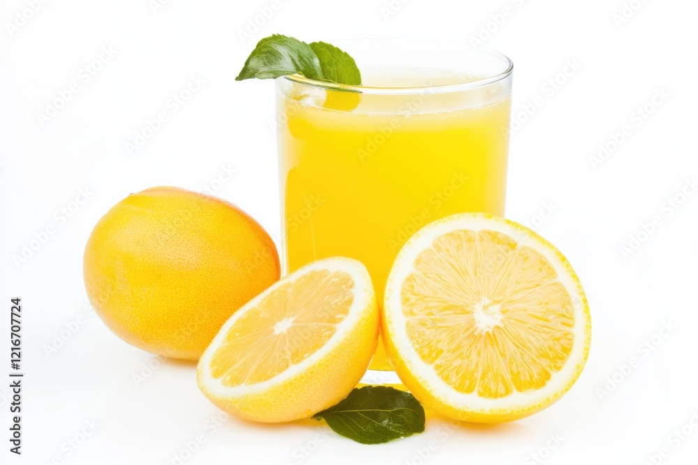 Refreshing peach lemonade served in a glass with fresh fruit on a clean white background for summer enjoyment Refreshing peach lemonade served in a glass with fresh fruit on a clean white background for summer enjoyment