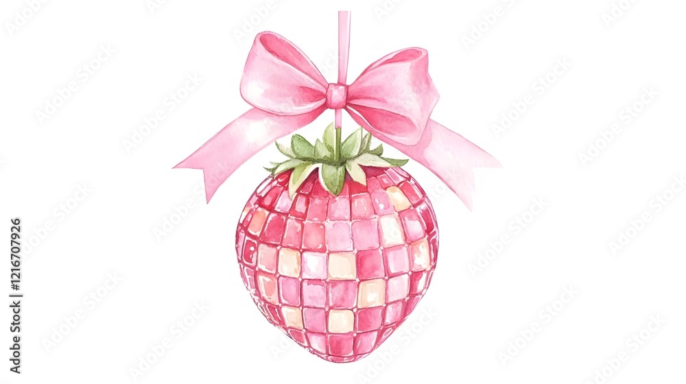 Pink Disco Strawberry with Ribbon Bow on Pastel Background	
