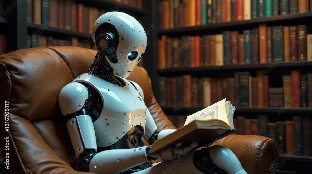 A sophisticated android sits comfortably in a leather armchair, engrossed in reading a book within a well-stocked library, symbolizing the pursuit of knowledge and technological advancement. A sophisticated android sits comfortably in a leather armchair, engrossed in reading a book within a well-stocked library, symbolizing the pursuit of knowledge and technological advancement.