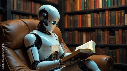 A sophisticated android sits comfortably in a leather armchair, engrossed in reading a book within a well-stocked library, symbolizing the pursuit of knowledge and technological advancement.