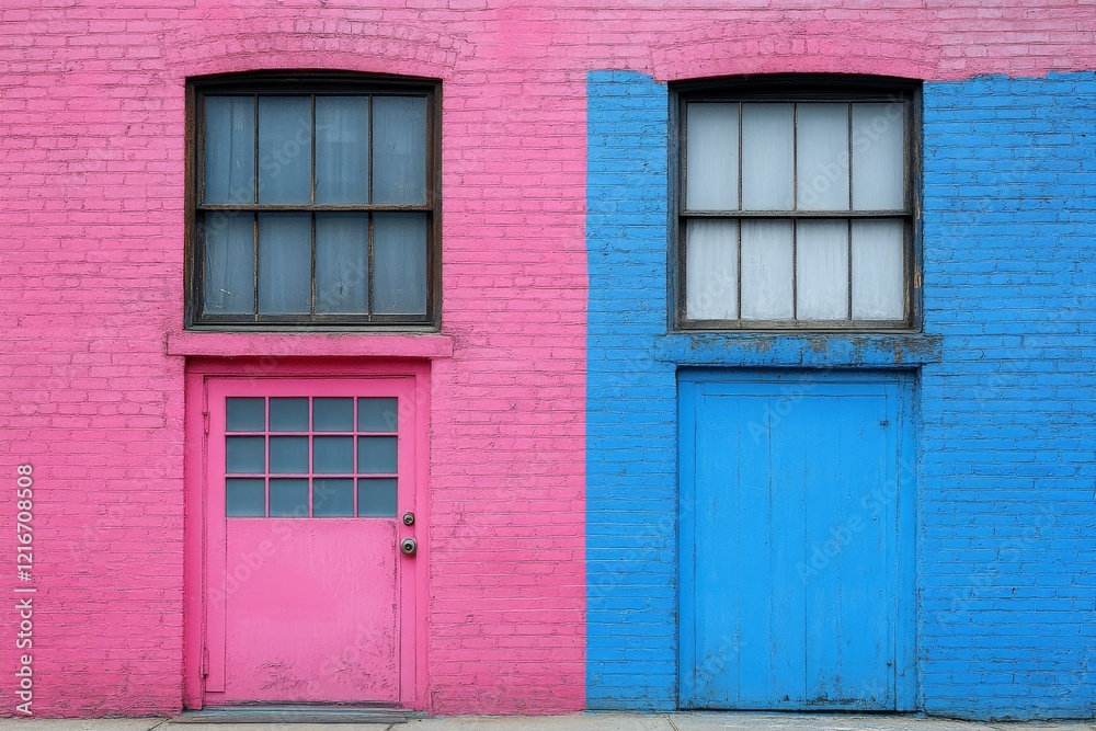 Vibrant two-tone wall with pink and blue doors accentuating urban architecture and contemporary design Vibrant two-tone wall with pink and blue doors accentuating urban architecture and contemporary design