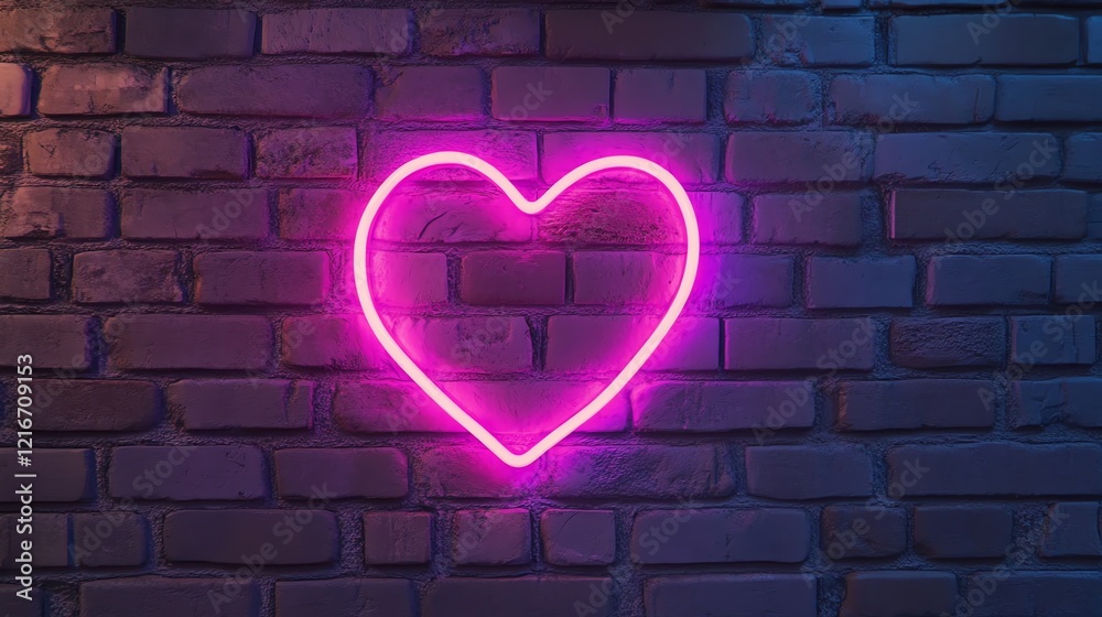 Neon Heart Glows on Brick Wall, Bright Pink Light Illuminates Urban Night, Romantic Symbolism in Cityscape, Atmospheric Mood, Vivid Colors Neon Heart Glows on Brick Wall, Bright Pink Light Illuminates Urban Night, Romantic Symbolism in Cityscape, Atmospheric Mood, Vivid Colors