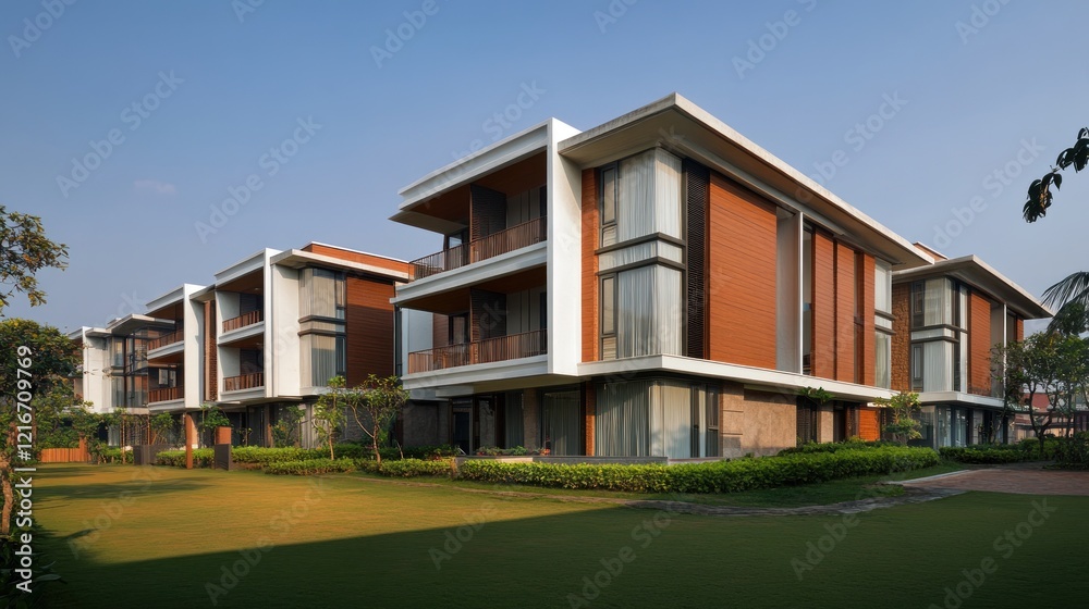 Modern luxury residential complex with sleek architecture, spacious balconies, and lush green landscaping. Modern luxury residential complex with sleek architecture, spacious balconies, and lush green landscaping.