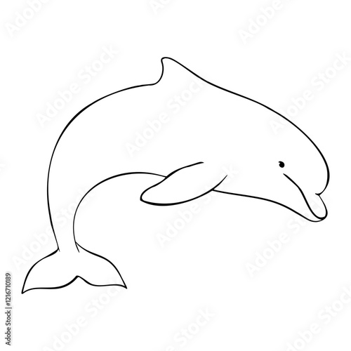 Dolphin painted by black inks in outline style. Hand drawn vector illustration Drawing of Aquatic placental marine mammal with flippers and tail. Etching of underwater fish
