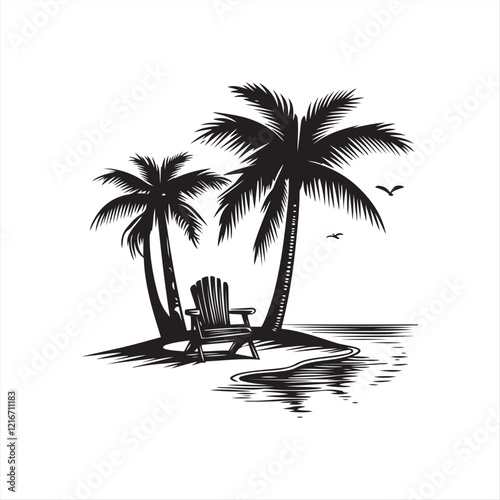 Minimalist Beach Chair Under Palm Silhouette Trees isolated vector art on white background