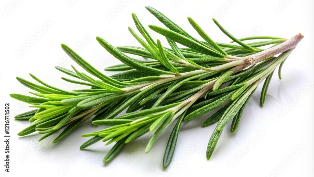 Fresh rosemary leaves isolated on a white background with a subtle texture, revealing the herb's natural oil glands and veins Fresh rosemary leaves isolated on a white background with a subtle texture, revealing the herb's natural oil glands and veins