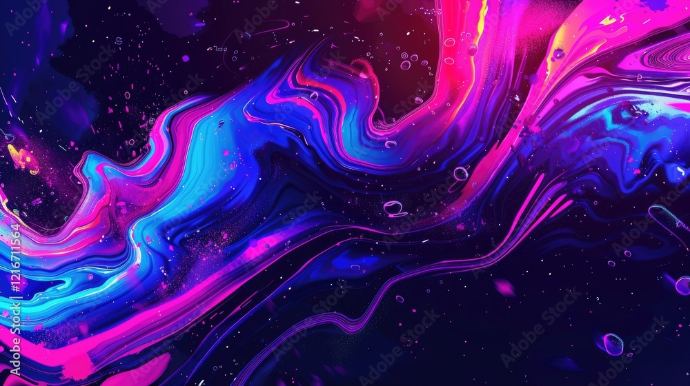 A vibrant abstract design featuring swirling colors of blue, pink, and purple.
