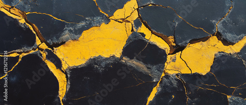 Textured desert ground with cracked yellow patterns and deep fissures under bright sunlight photo