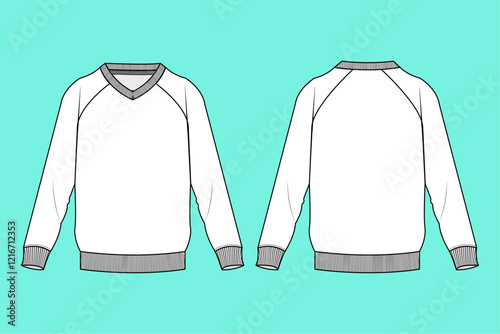  Mens V neck raglan sleeve sweatshirt, Fashion Flat Sketch Vector Illustration, CAD, Technical Drawing, Flat Drawing, Template, Mockup.