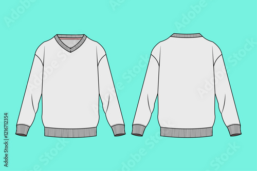Mens V neck drop shoulder sweatshirt, Fashion Flat Sketch Vector Illustration, CAD, Technical Drawing, Flat Drawing, Template, Mockup.