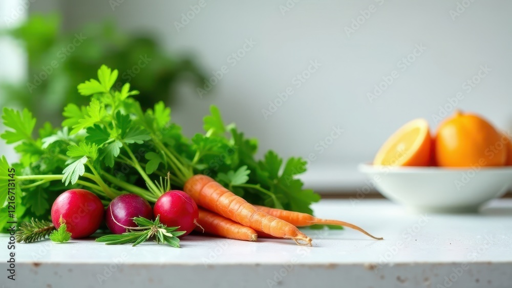 A vibrant still life featuring fresh carrots, radishes, and parsley, complemented by a blurred background of citrus fruits in a bowl, all arranged on a pristine white surface. A vibrant still life featuring fresh carrots, radishes, and parsley, complemented by a blurred background of citrus fruits in a bowl, all arranged on a pristine white surface.