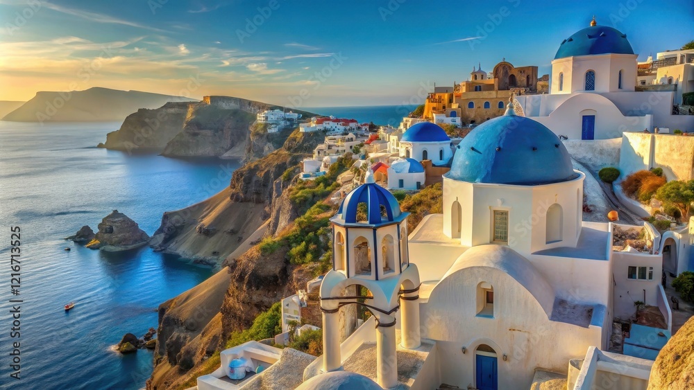 Fototapeta premium Ancient white-washed houses and blue-domed churches perched on steep cliffs overlooking the sparkling Aegean Sea in Santorini Greece Cyclades , whitewashed, architecture