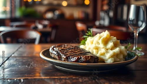 Rustic table with steak and mashed potatoes. Classic steakhouse bokeh background