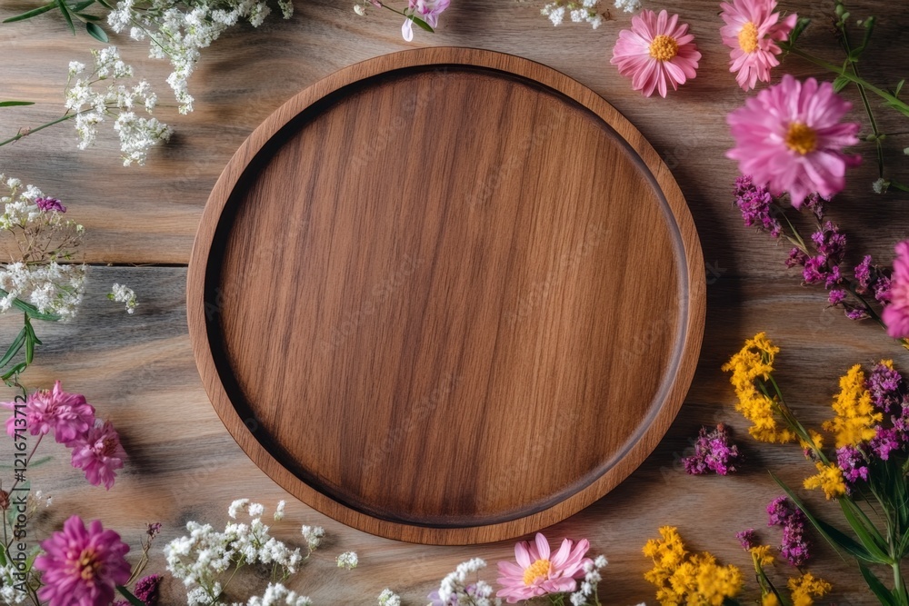 Wooden Plate Surrounded by Colorful Flowers on Rustic Background Wooden Plate Surrounded by Colorful Flowers on Rustic Background