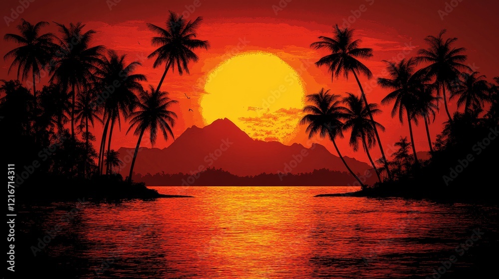 Fiery Sunset Over Tropical Island Silhouette with Palm Trees and Calm Waters Fiery Sunset Over Tropical Island Silhouette with Palm Trees and Calm Waters