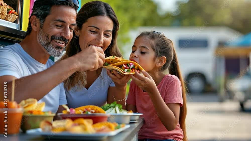 A happy family sharing tacos from a food truck, sitting together at a picnic table on a summer afternoon.