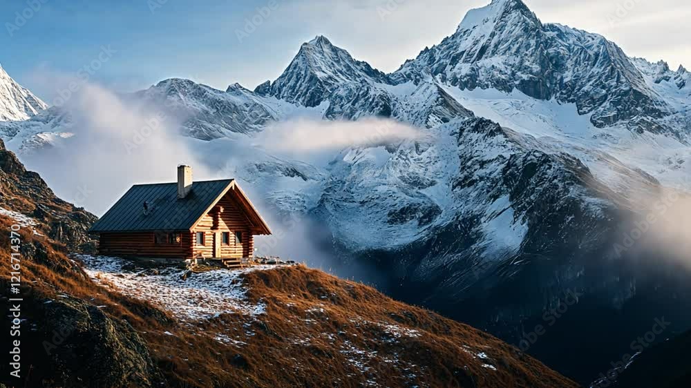 A lone cabin nestled on a mountainside surrounded by snow-capped peaks, with smoke rising from the chimney into crisp air.