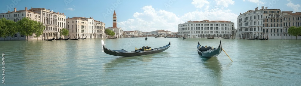 Gondolas on Venice canal, historic buildings, sunny day, travel postcard Gondolas on Venice canal, historic buildings, sunny day, travel postcard