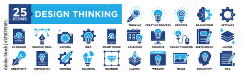 Design Thinking icon collection set. Containing design Design Thinking , Creative Process, Process, Brainstorm, Settings	